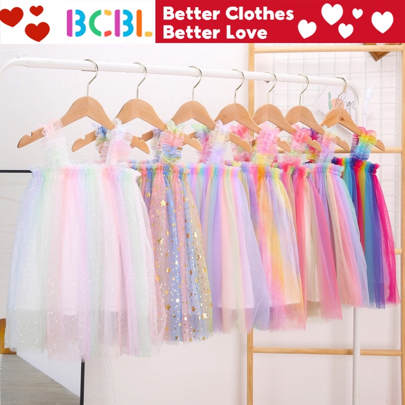 Đầm công chúa BCBL 2 dây vải tuyn màu cầu vồng thời trang hè cho bé gái 1-5 tuổi