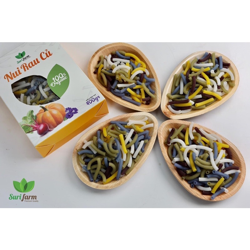 Nui rau củ hữu cơ Surifarm (nui thẳng dùng để xào) chiết xuất tự nhiên từ củ dền, đậu biếc, bí đỏ hộp 400gr