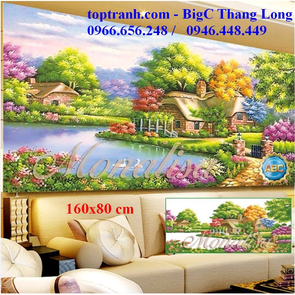 Tranh đính đá ngôi nhà hạnh phúc mùa xuân, hồ thiên nga Y8043 chưa đính