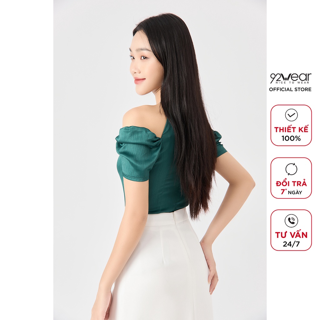 Áo sơ mi nữ ngắn tay cổ yếm 92WEAR, thiết kế tiểu thư nhẹ nhàng, chất liệu lụa gân cao cấp ASA2030