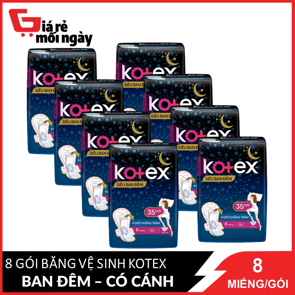 Combo 8 Băng Vệ Sinh Có Cánh 35cm Kotex Siêu Ban Đêm 9 Giờ Chống Tràn 8 miếng