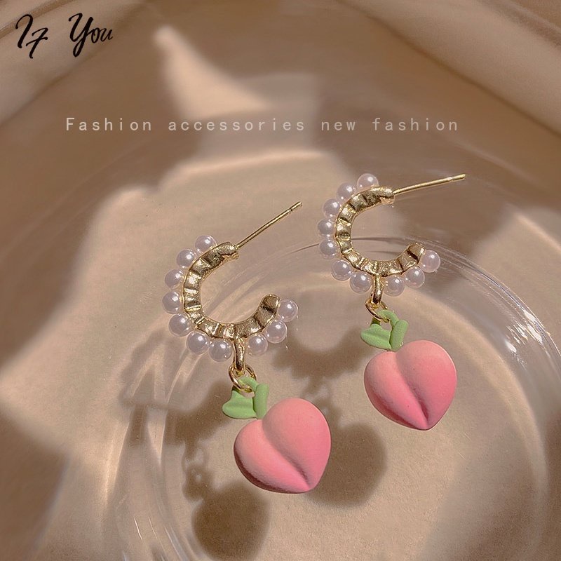 Khuyên tai AY mặt quả đào hồng phối ngọc trai nhân tạo phong cách Hàn Quốc thời trang cho nữ