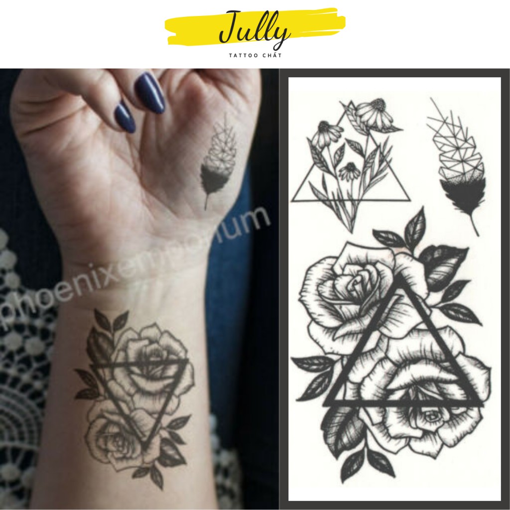 Hình xăm dán hoa hồng đen lồng tam giác nghệ thuật, độc đáo JULLY Tattoo chất xăm tạm thời 15 ngày, kích thước 10,5x6cm