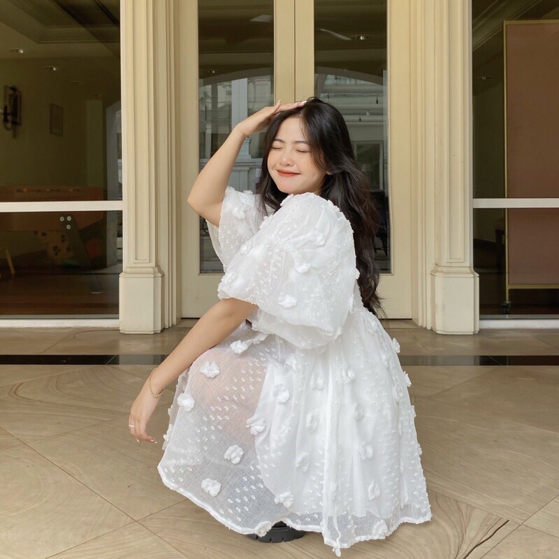 Áo váy babydoll hoa nổi tay bồng dễ thương Pea Store