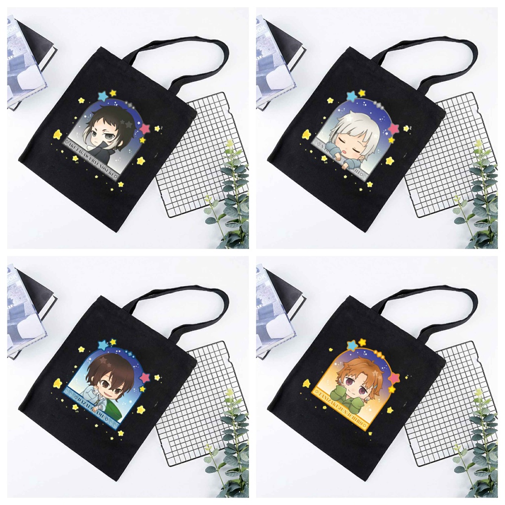 Túi tote vải đen trắng in hình anime chibi BUNGOU STRAY DOGS dễ thương
