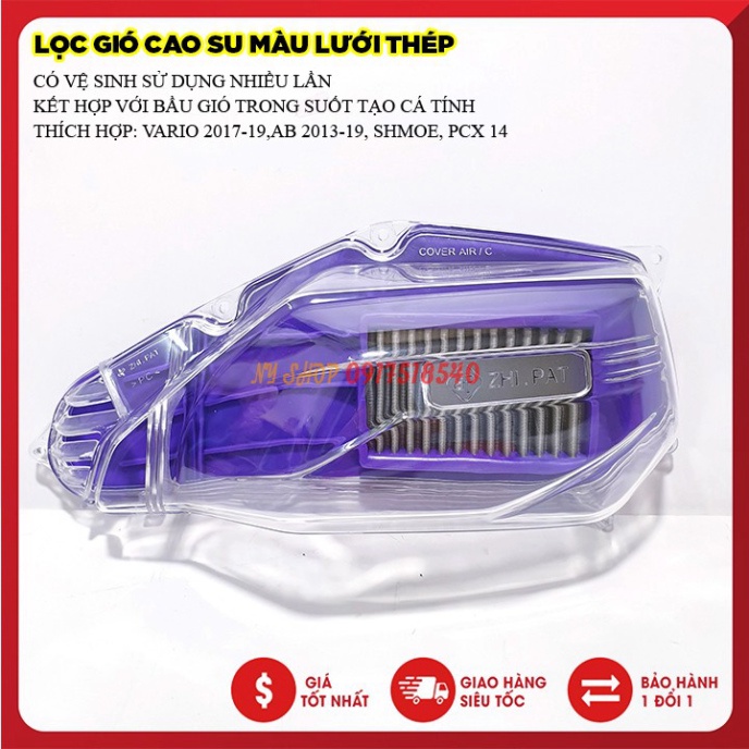 BẦU GIÓ TRONG SUỐT ZHIPAT + LỌC GIÓ MÀU LƯỚI THÉP GẮN AB,VARIO,PCX  Ảnh thật Sp