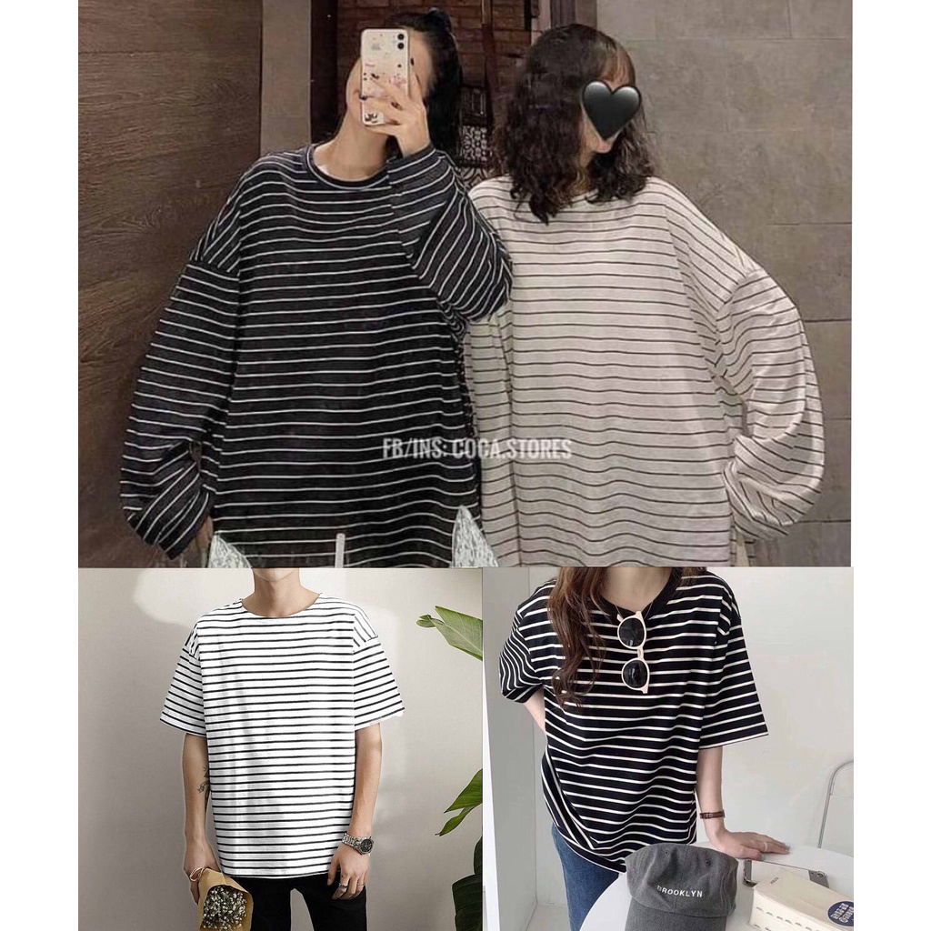 A027 Áo thun kẻ ngang đen trắng dài cộc tay form rộng unisex Áo phông không cổ tròn nam nữ dáng to sọc Ulzzang