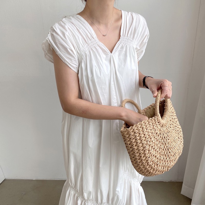 Đầm Dài Midi Trắng Tối giản Thanh lịch Cổ V Form rộng Xếp ly nhỏ Ulzzang Hàn Quốc Váy Trắng Midi Vạt lệch Xếp tầng