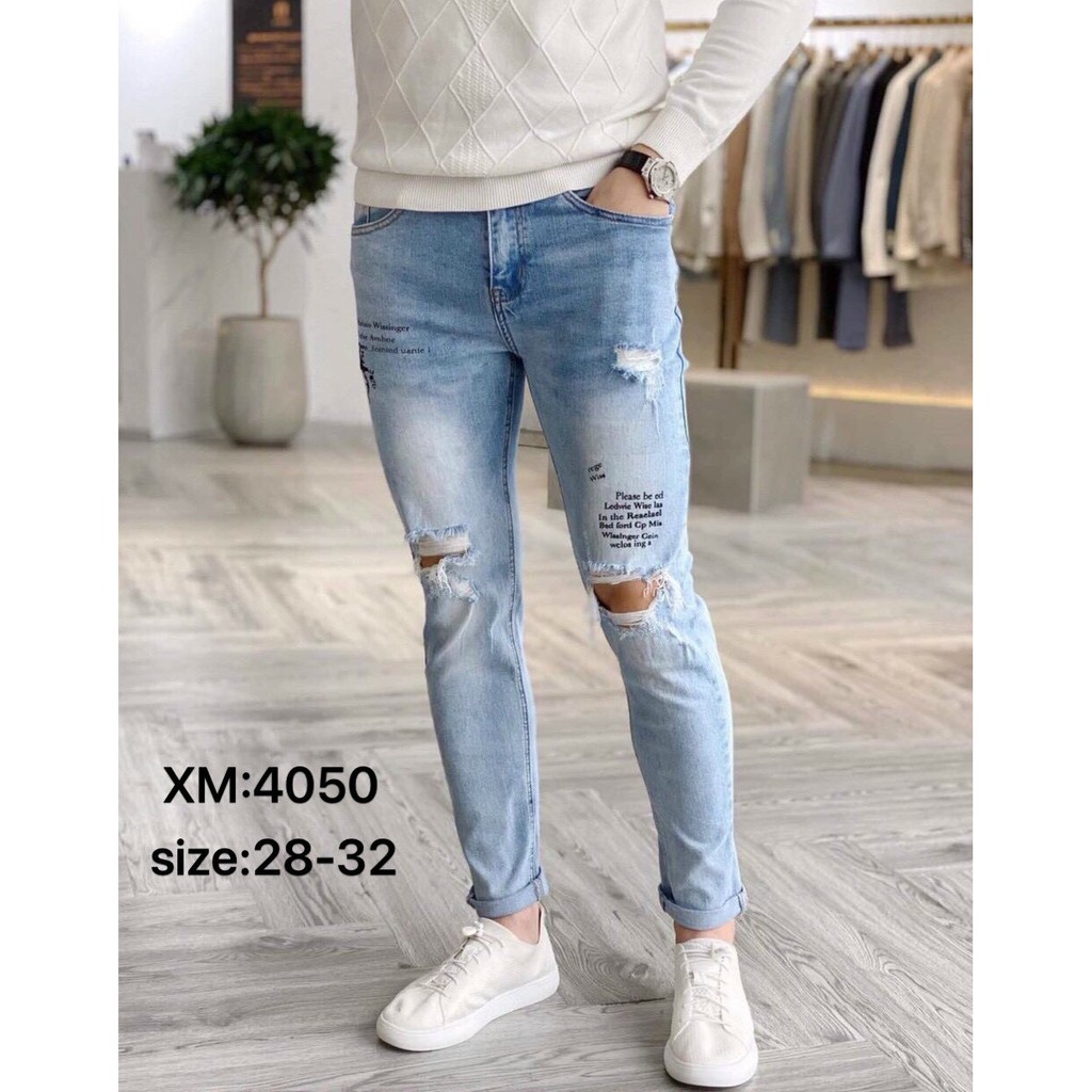 Quần jean nam đẹp co giãn rách gối xanh chất bò cao cấp mẫu mới nhất AHFASHION MS4050 | BigBuy360 - bigbuy360.vn