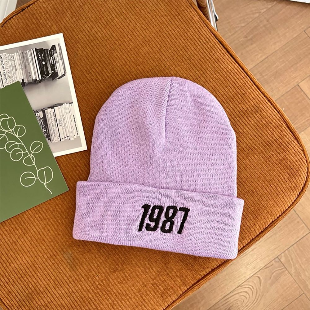Mũ beanie giữ ấm thêu chữ số 1987 màu trơn dễ thương cho nữ