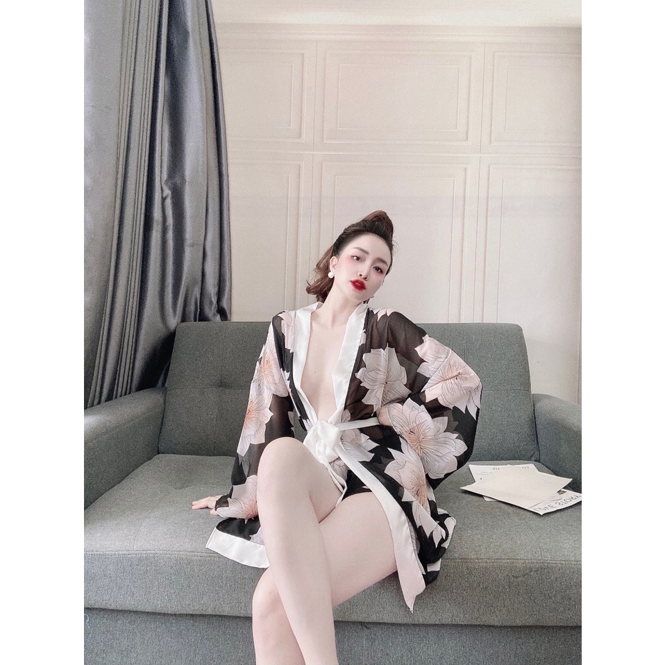 Áo Choàng Ngủ Kimono Voan Hoa , Áo Ngủ Xuyên Thấu Kèm Quần Chất Liệu Cao cấp Phong Cách Nhật Bản Mới Gợi Cảm Cho N | BigBuy360 - bigbuy360.vn