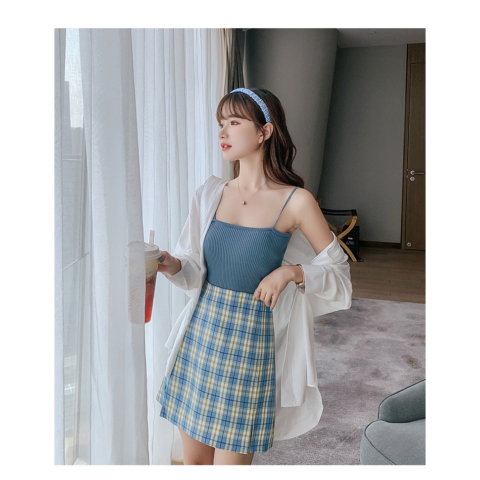 Váy Chữ A  Cạp Cao Kẻ Ca-Ro Dễ Thương Phong Cách Hàn Quốc | BigBuy360 - bigbuy360.vn