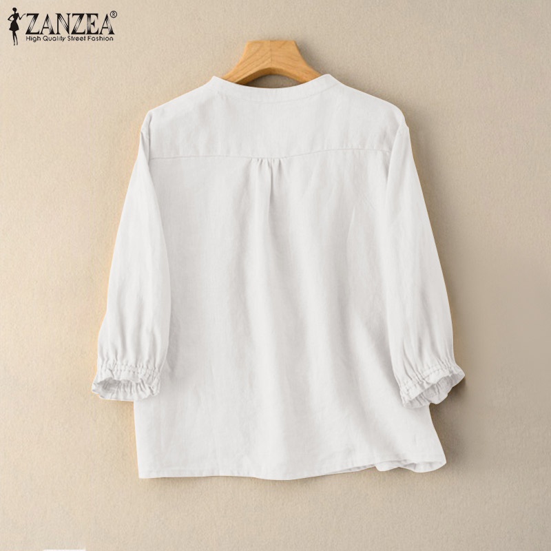 ZANZEA Áo Kiểu Tay Lỡ 3 / 4 Cổ Tròn Màu Trơn Cài Nút Đơn Giản Thời Trang Cho Nữ