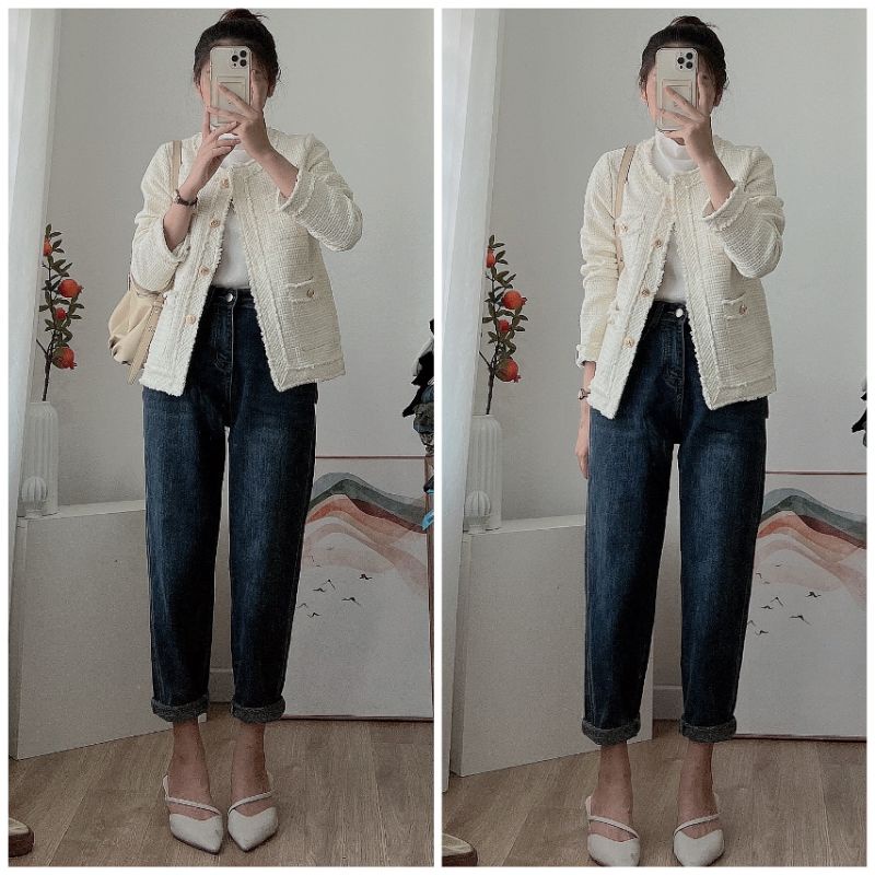 Áo khoác dạ tuyết màu trắng kem cúc đồng 2 lớp