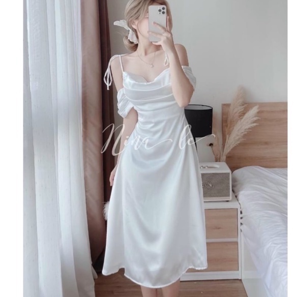 Đầm Midi Trắng,đầm 2 Dây Dáng Xòe Ôm Dáng Body Thiết Kế Xếp Ly Nhún Ngực Tiểu Thư Dự Tiệc Dạo Phố Sang Chảnh Quyến Rũ Th