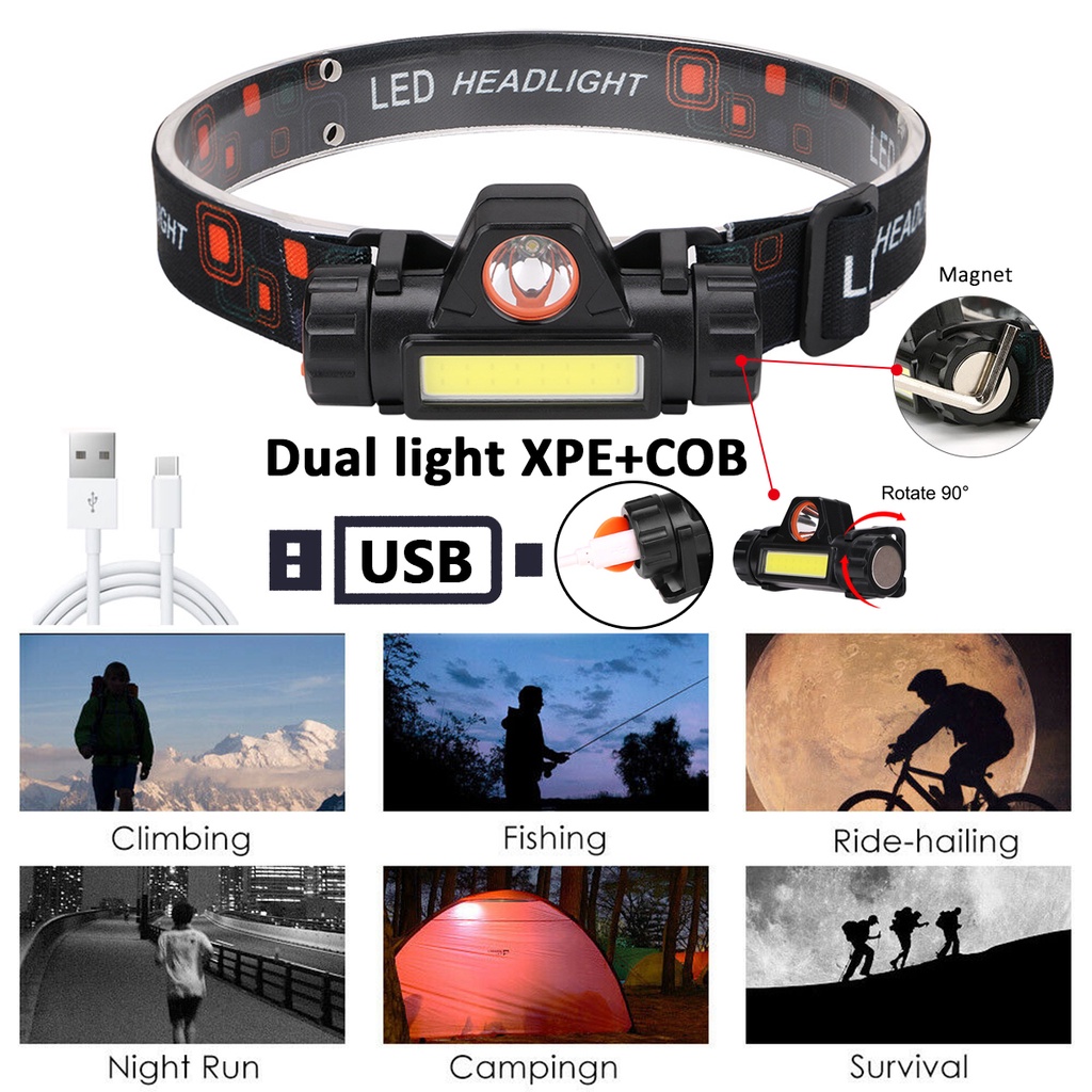 Đèn Pin Đeo Đầu 2 Chế Độ Cob Có Nam Châm Chống Thấm Nước 18650