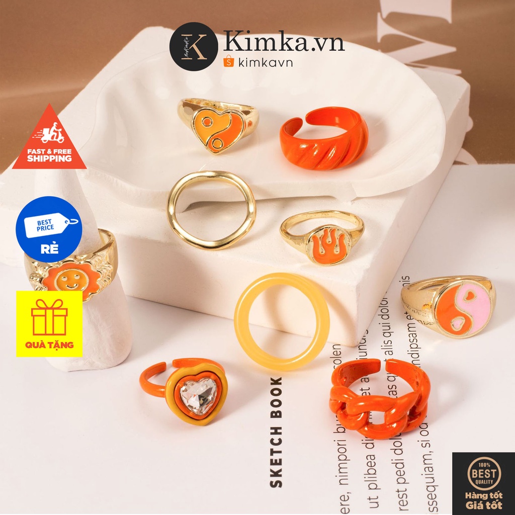 (0610) Nhẫn Nhựa Resin Và Kim Loại Màu Cam Nhiều Hình Cá Tính Xu Hướng