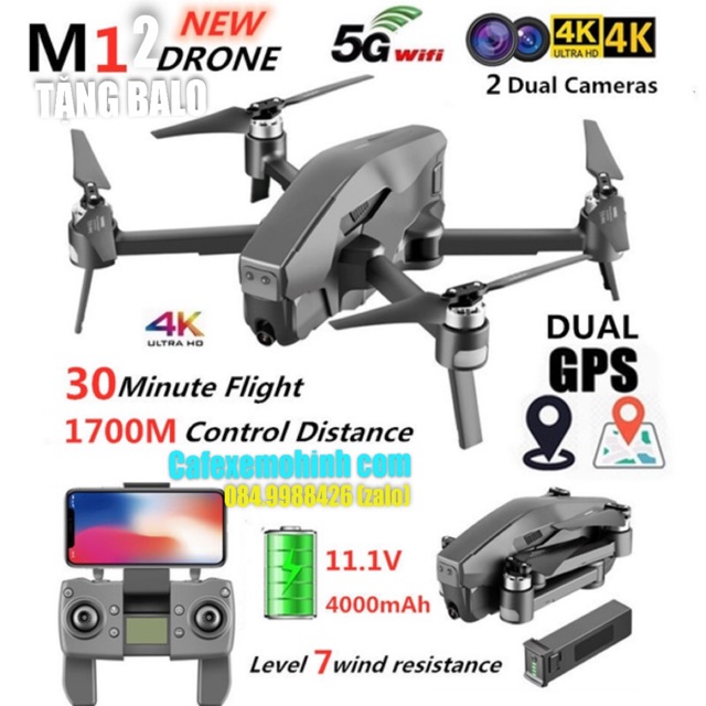 Flycam M12 bản cao cấp Cam 4k 5ghz Pin trâu 4000mah Có GPS Brushless Motor bay 1.6km Tặng Balo