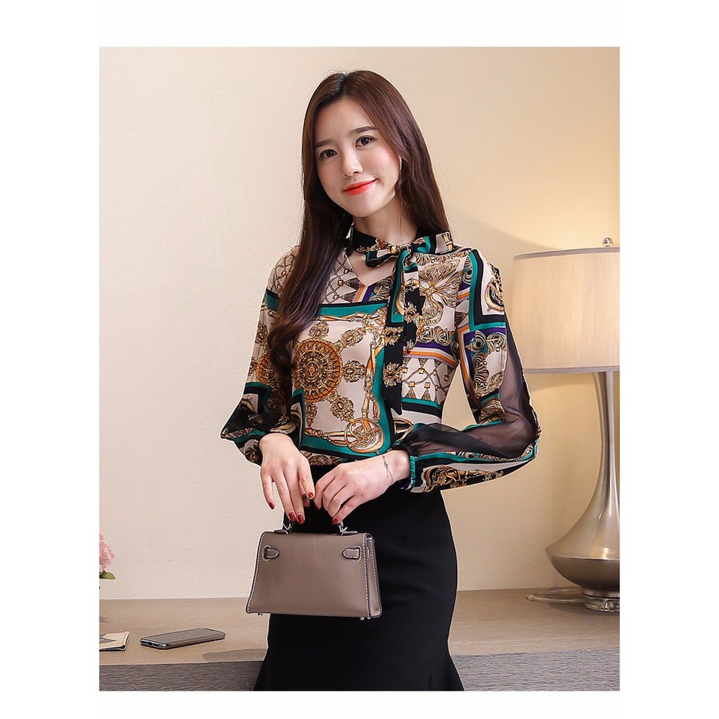 Áo sơ mi nữ hoạ tiết -áo voan cột nơ