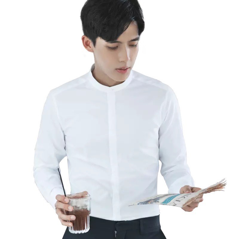 Áo sơ mi nam cổ trụ form rộng trắng dài tay vải lụa mềm mịn kiểu Hàn Quốc | Lee Hoàng Group ་
