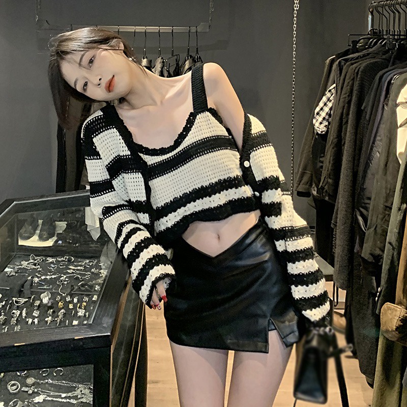 Set Áo Hai Dây + Áo Khoác Cardigan Họa Tiết Sọc Ngang Thời Trang Dành Cho Nữ
