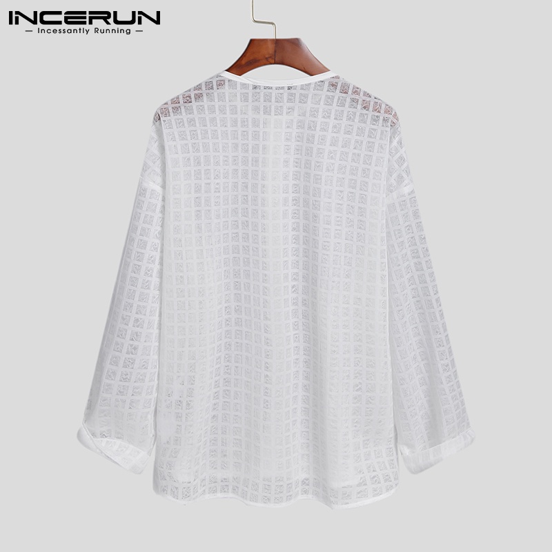Áo chống nắng INCERUN vải lưới họa tiết caro trong suốt dài tay thời trang thường ngày dành cho nam