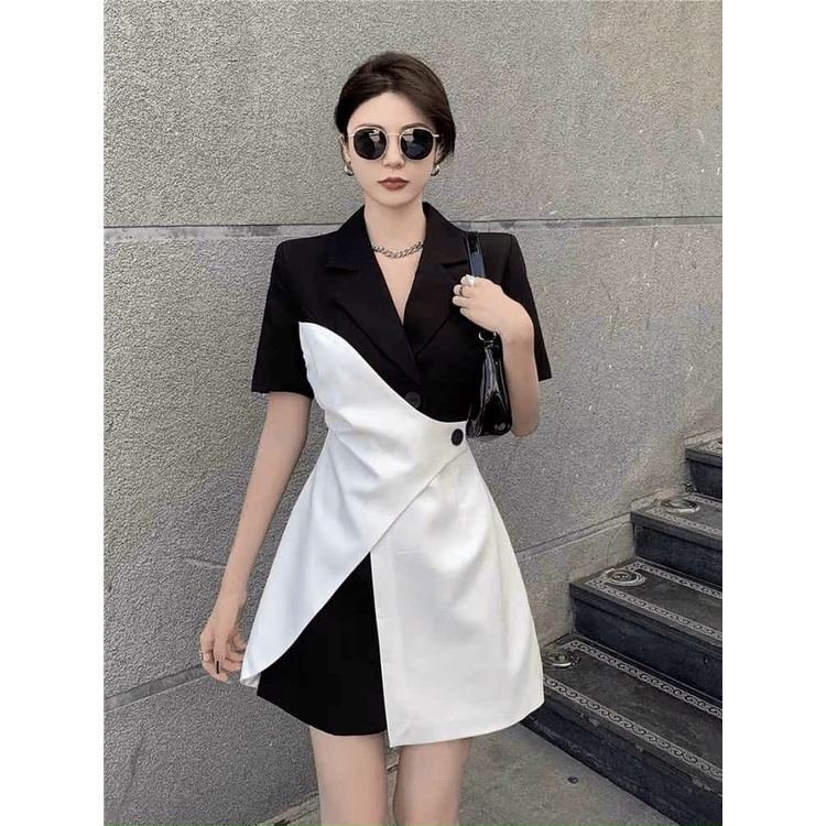 Đầm Nữ Cổ Vest Công Sở Phối Màu Trắng Đen Chất For Tôn Dáng Mặc Đẹp Dáng Xinh NEW UNISEX