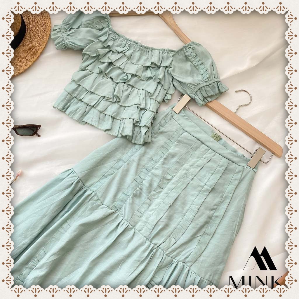 [HÀNG THIẾT KẾ] Set Áo Trễ Vai Tầng + Chân Váy Maxi - Chất Liệu Thô Tơ nhập khẩu - Màu Xanh Ngọc | BigBuy360 - bigbuy360.vn