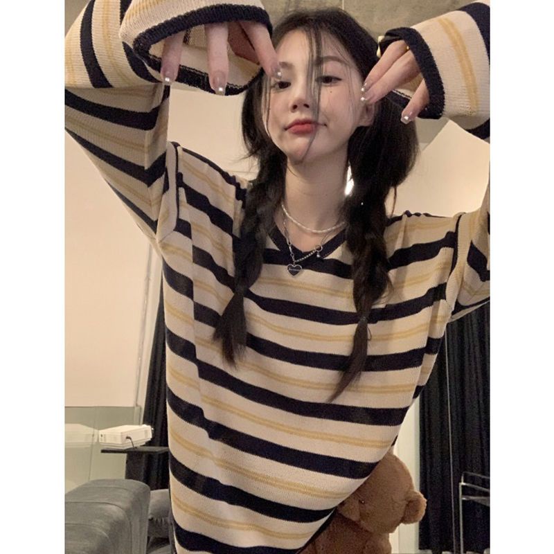Jiashucheng Áo Thun Tay Dài Dáng Rộng Họa Tiết Kẻ Sọc Thời Trang Mùa Thu Cao Cấp Dành Cho Nữ Có Size Lớn