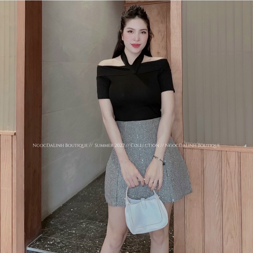 Áo thun kiểu bẹt vai dây cổ sexxy, Áo kiểu dáng ôm trễ vai co giãn CS256 - NhiNhi Shop