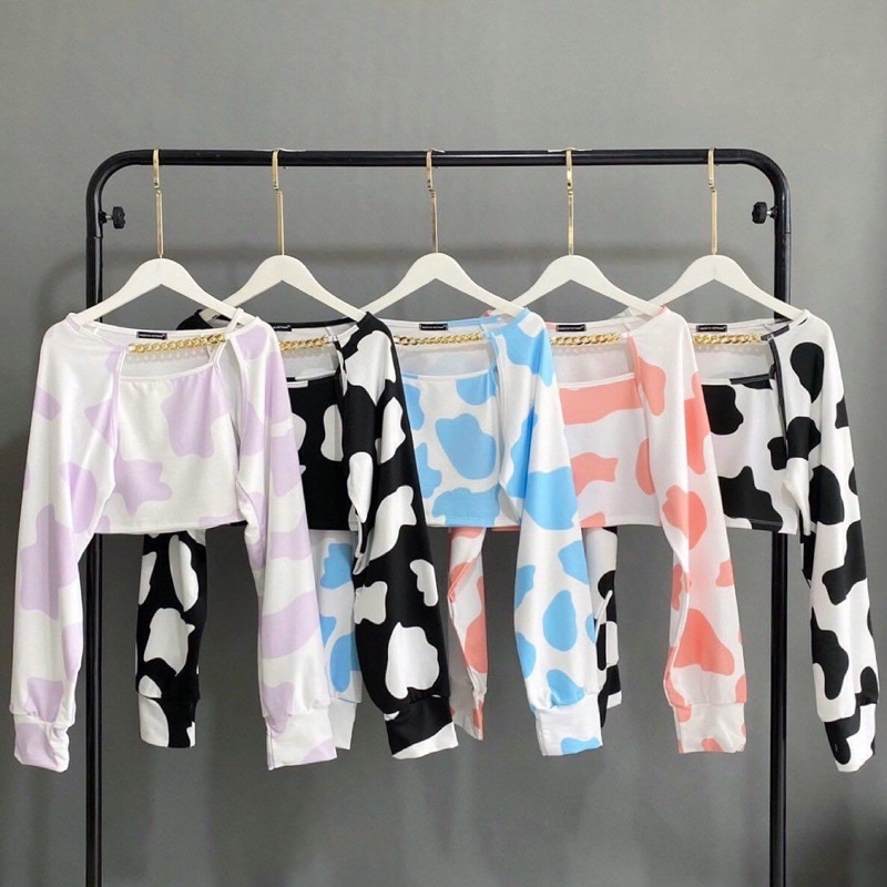 Set Áo Khoác Kèm Hai Dây CropTop Bò Sữa Dài Tay Ảnh Thật