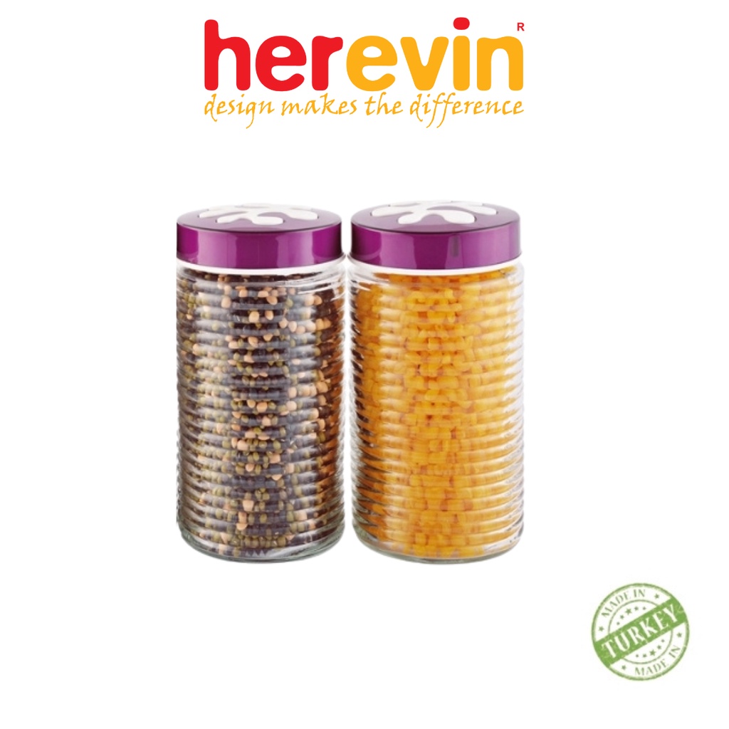 Bộ 2 Hũ Thuỷ Tinh Herevin Tròn Sọc Nắp Decor 2L - HEHU135930-804