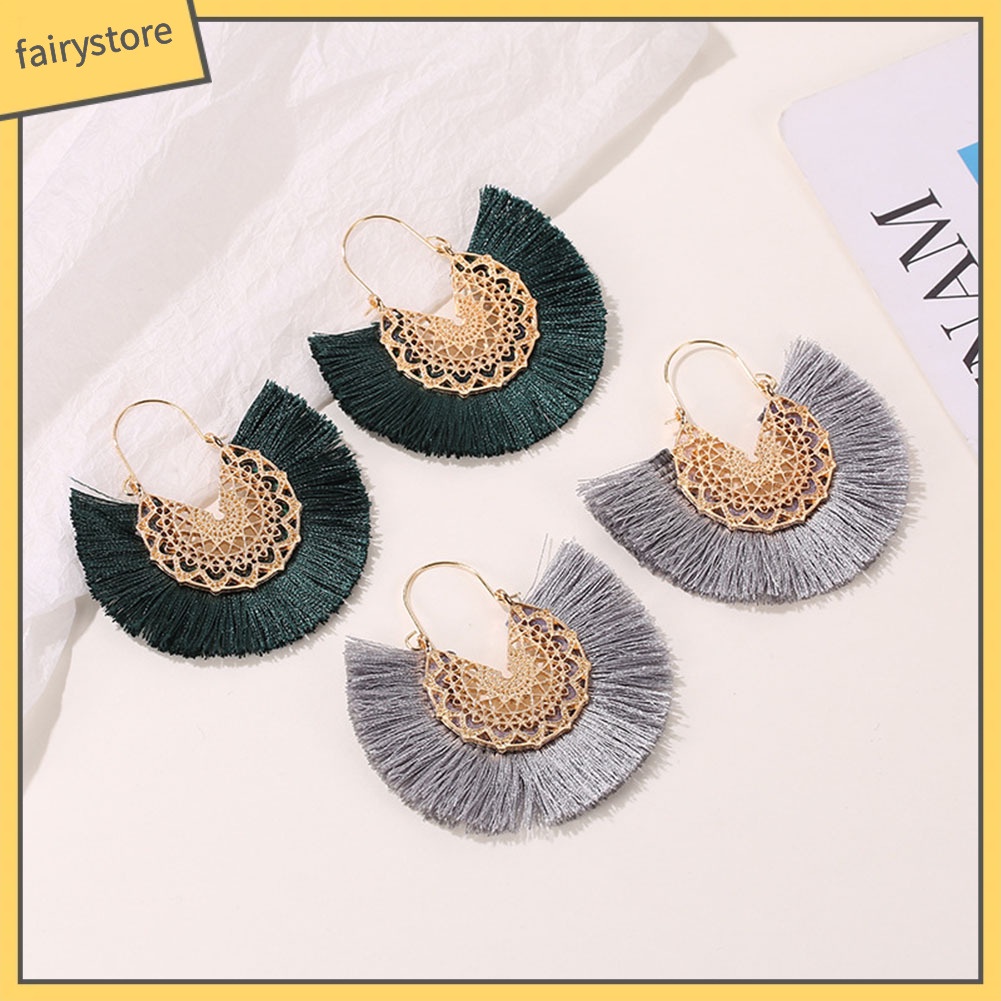 Khuyên Tai Dáng Dài Hình Quạt Phối Tua Rua Phong Cách Bohemian Thời Trang