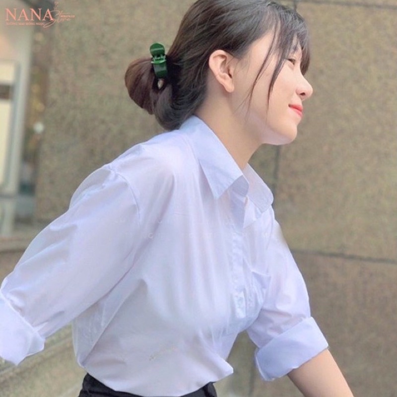 Áo Sơ Mi Nữ Đi Học Dài Tay Màu Trắng Xanh Form Rộng Cổ Bẻ V Trụ Túi Ngực Chất Cotton Mềm Mát