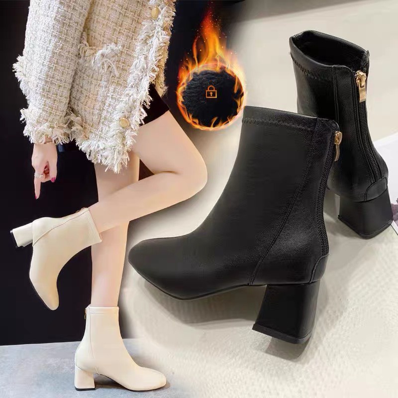 Boots nữ cao cổ lót nỉ WOMENSTORY Bốt khóa sau Boot mũi tròn boost đế vuông 5 cm thời trang mùa đông