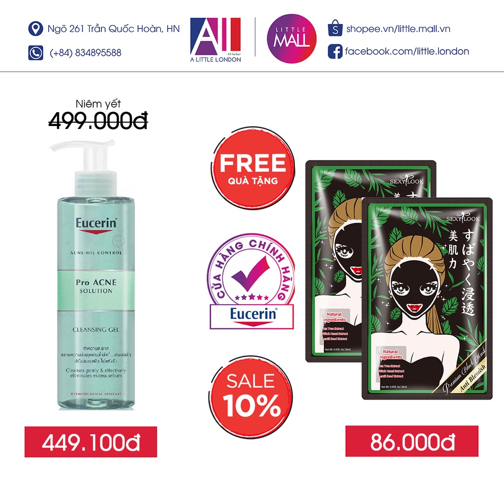 Gel rửa mặt giảm mụn loại bỏ nhờn Eucerin proacne cleansing gel TẶNG mặt nạ Sexylook