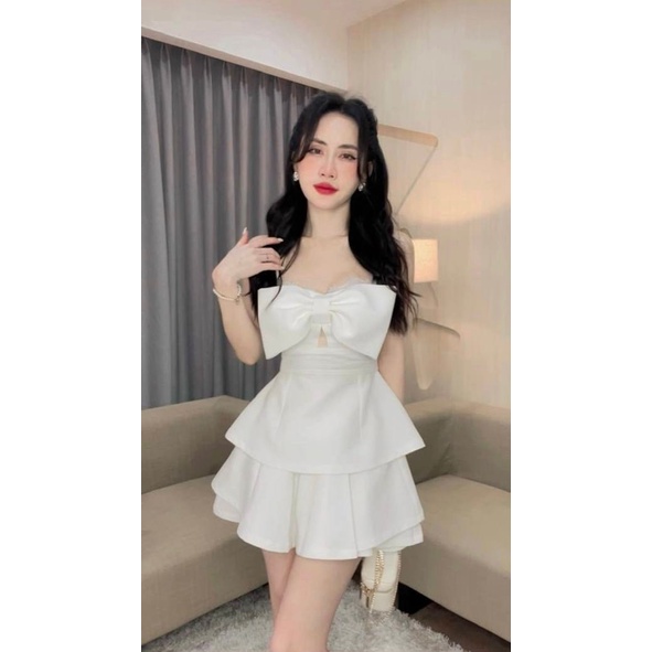 Set Thun Áo 2 Dây Trắng Nơ Ngực Phối Ren Kèm Short