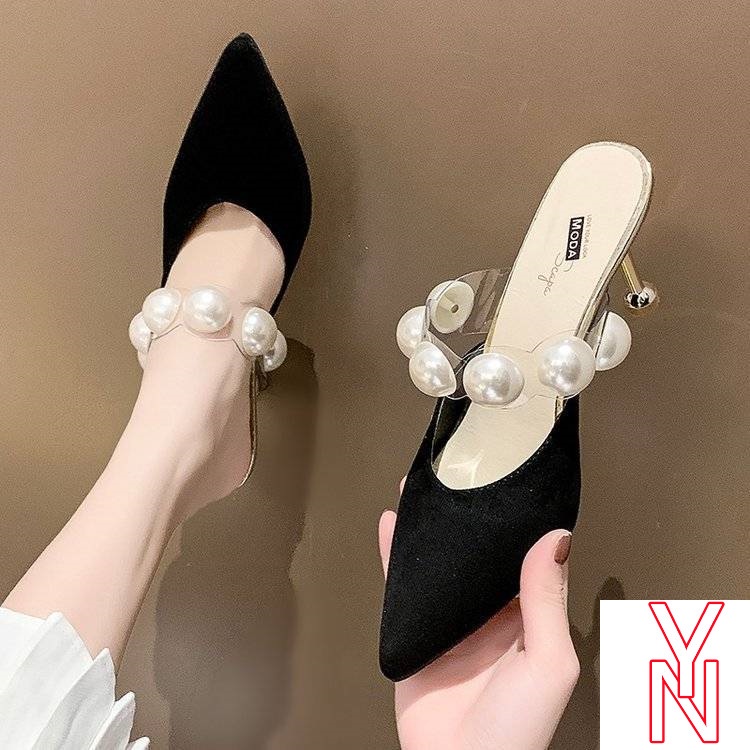 Giày Muller Cao Gót Mũi Nhọn Đính Ngọc Trai Nhân Tạo Màu Đen Thời Trang Mùa Hè Mới Cho Nữ 2021