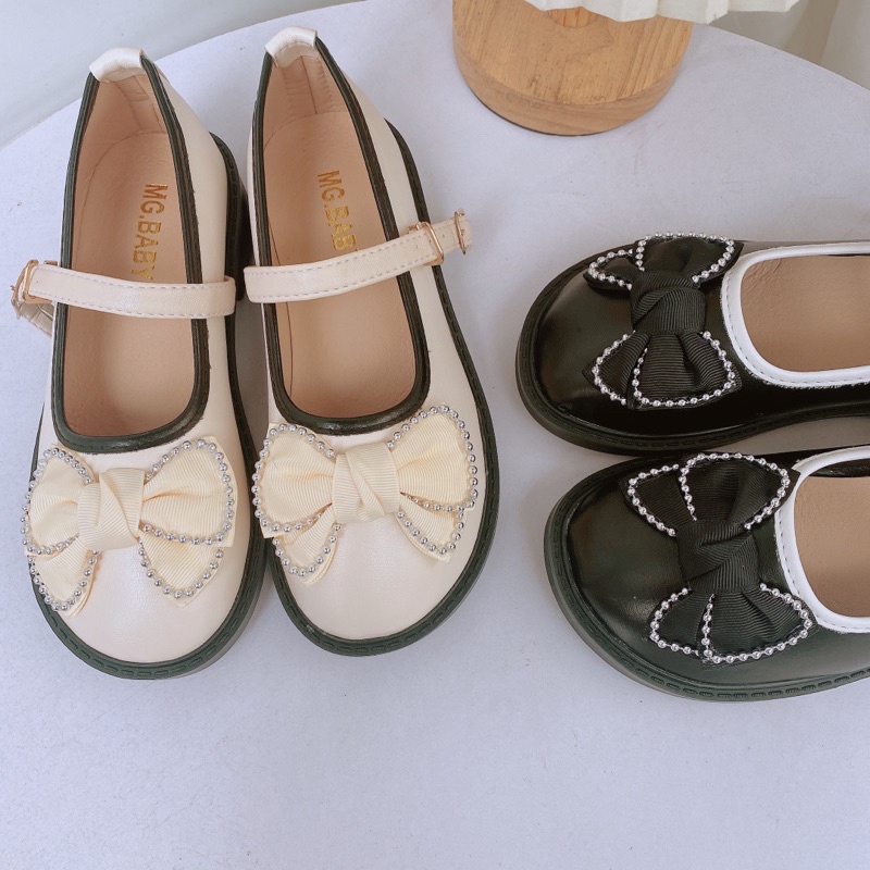 (Sz 26-35) Giày Búp Bê Mary Jane Viền Trắng Đen Phối Nơ Ngọc Cho Bé Gái 7-14 Tuổi K175