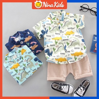 Set đồ BABEPROUD gồm áo sơ in họa tiết khủng long tay ngắn cổ đứng + quần short thời trang mùa hè cho bé trai 1-5 tuổi