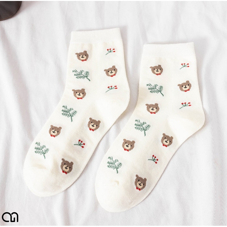 Tất Vớ Cổ Cao Nam Nữ Hoạ Tiết Chú Gấu Và Kẻ Karo Cho Mùa Noel Tết Chất Cotton Dầy Mịn Ấm Áp