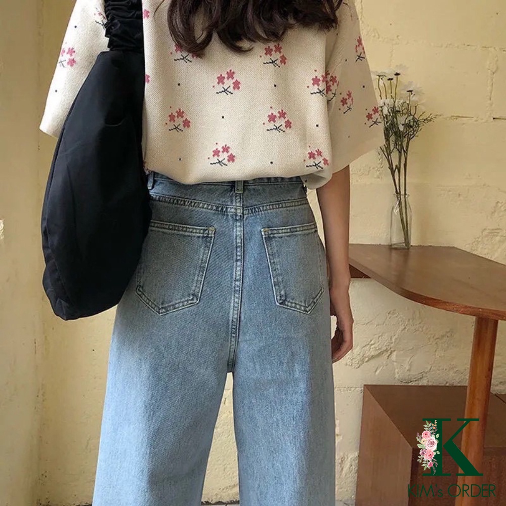 Quần jean nữ ống rộng ống suông lưng cao màu xanh cạp phối ren phong cách Ulzzang Hàn Quốc đủ size thời trang