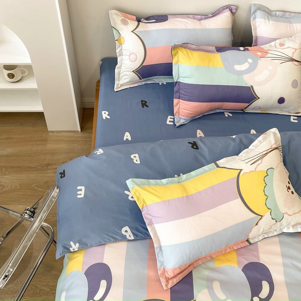 Bộ chăn ga gối cotton poly Lidaco decor phòng ngủ vintage - Thỏ Cầu Vồng (SP001432)