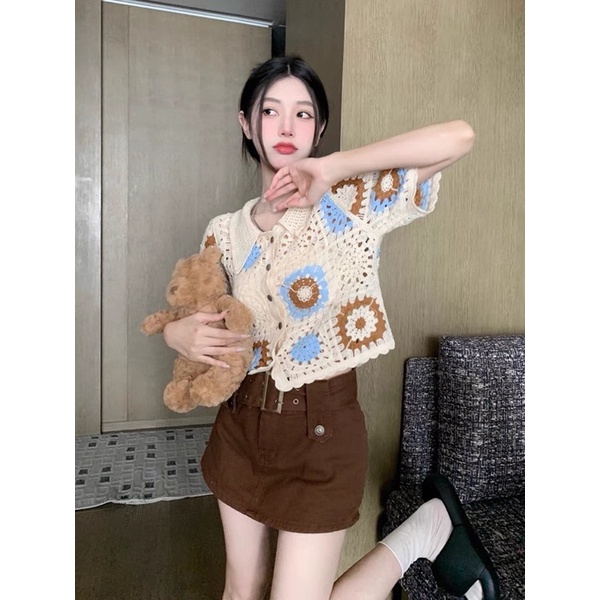 Áo Sơ MI Ren Len Đan Hoa Ngắn Tay Dễ Thương