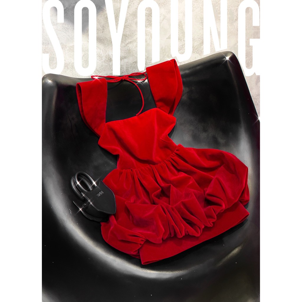 Váy đỏ nữ VAYO Đầm đỏ cổ v tay phồng ngắn đi tiệc noel tết chất nhung mềm đẹp thời trang dáng chữ a dưới 55kg | BigBuy360 - bigbuy360.vn