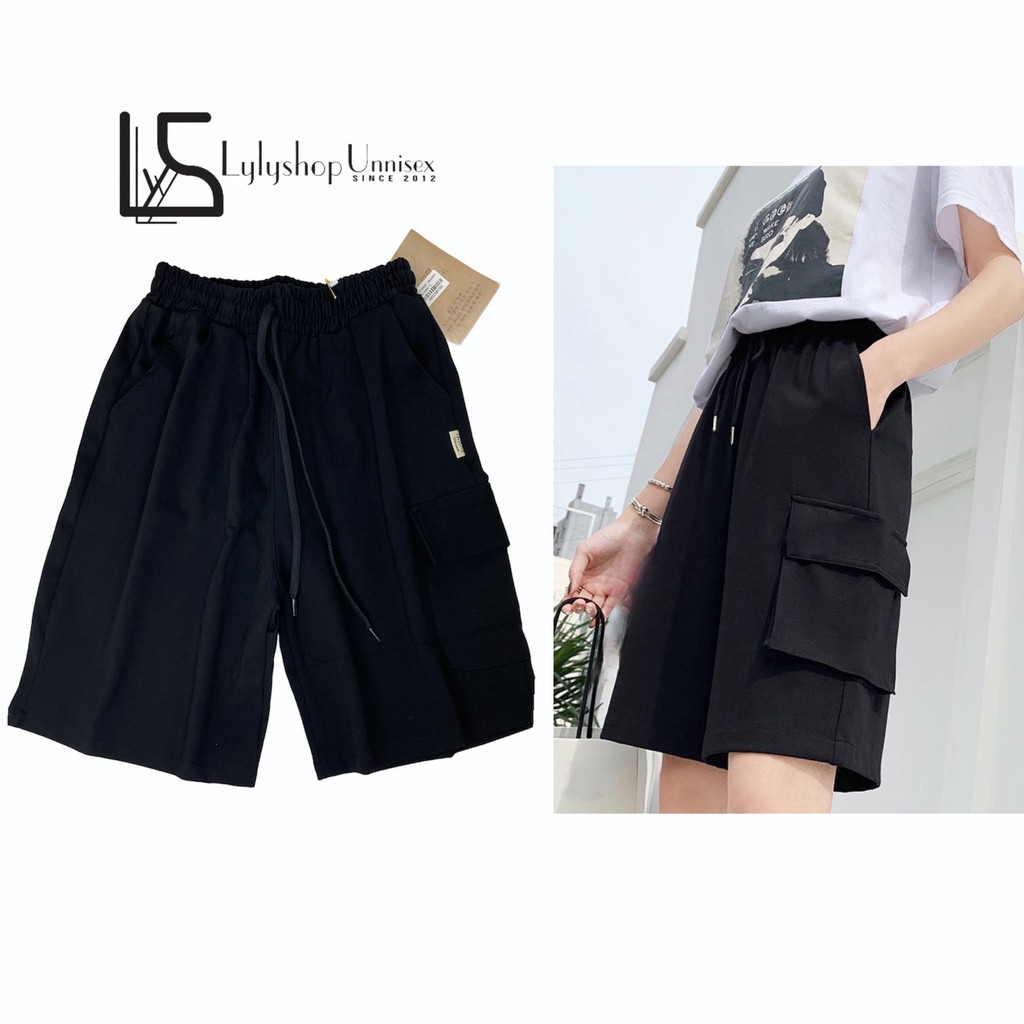 Quần short nam nữ Lylyshop chất umi cotton mịn lì kiểu quần đùi ống rộng unisex phối túi phong cách cá tính có size M,L