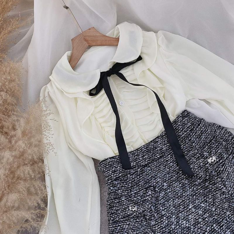 Set áo voan cổ sen nơ cổ mix chân váy bố | BigBuy360 - bigbuy360.vn