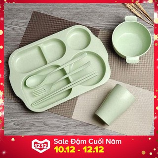Bộ ăn dặm lúa mạch kèm cốc, khay, bát ăn, thìa dĩa cho bé GDHOAC09