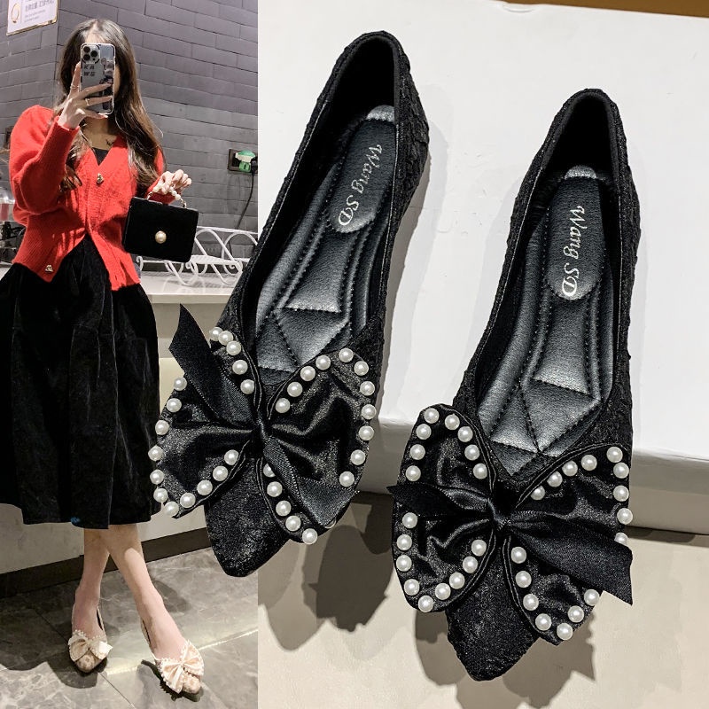 Giày Búp Bê Mũi Nhọn Đế Bằng Đính Nơ Thời Trang Xuân Hè Mới Cho Nữ