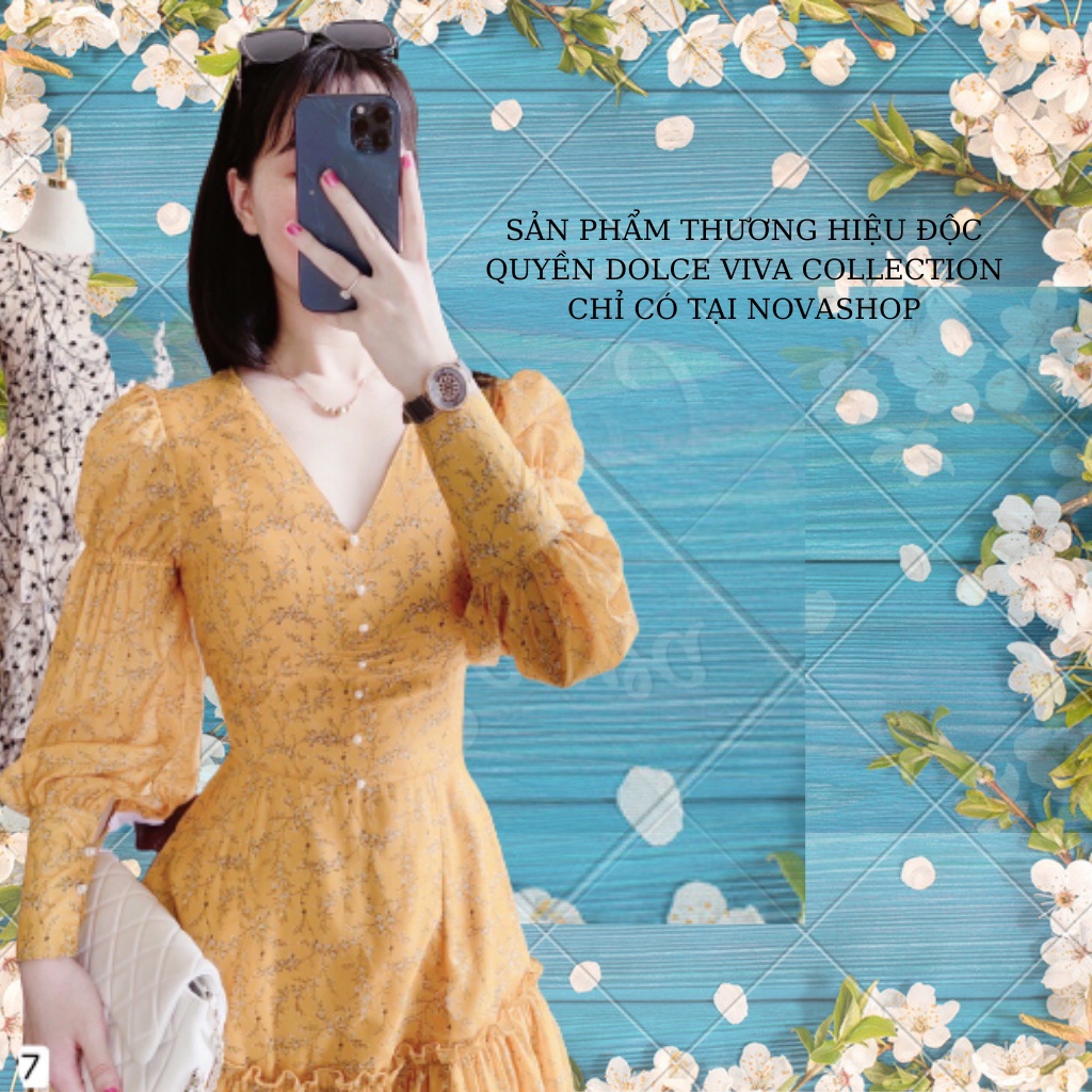 Váy vàng hoa nhí tay dài V2127 - DOLCE VIVA COLLECTION - Đầm thiết kế ( kèm ảnh thật )